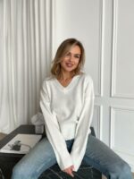 Женский Свободный Блестящий Белый Свитер с V-вырезом