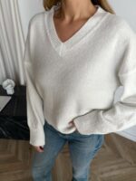 Женский Свободный Блестящий Белый Свитер с V-вырезом