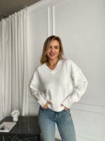 Женский Свободный Блестящий Белый Свитер с V-вырезом