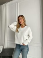 Женский Свободный Блестящий Белый Свитер с V-вырезом