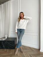 Женский Свободный Блестящий Белый Свитер с V-вырезом