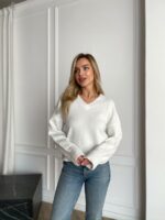 Женский Свободный Блестящий Белый Свитер с V-вырезом