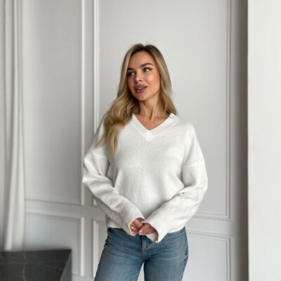 Женский Свободный Блестящий Белый Свитер с V-вырезом