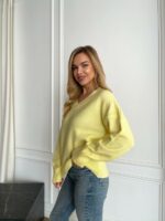 Женский Свободный Блестящий Желтый Свитер с V-вырезом