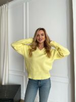 Женский Свободный Блестящий Желтый Свитер с V-вырезом