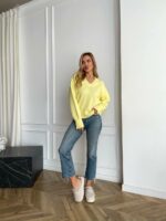 Женский Свободный Блестящий Желтый Свитер с V-вырезом