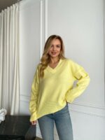Женский Свободный Блестящий Желтый Свитер с V-вырезом