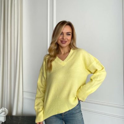 Женский Свободный Блестящий Желтый Свитер с V-вырезом