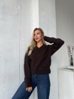 Женский Свободный Блестящий Коричневый Свитер с V-вырезом