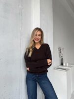 Женский Свободный Блестящий Коричневый Свитер с V-вырезом