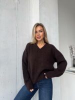 Женский Свободный Блестящий Коричневый Свитер с V-вырезом