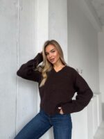 Женский Свободный Блестящий Коричневый Свитер с V-вырезом