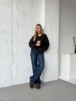 Женский Свободный Блестящий Коричневый Свитер с V-вырезом