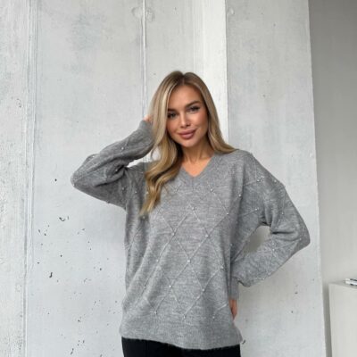 Женский Серый Свитер Оверсайз в Ромбах с Камушками Стразами