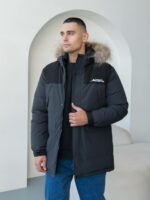 Мужская Зимняя Графитовая Куртка с Мехом на Капюшоне и Фиксаторами на Рукавах