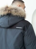 Мужская Зимняя Графитовая Куртка с Мехом на Капюшоне и Фиксаторами на Рукавах