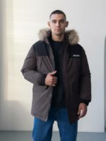Мужская Зимняя Коричневая Куртка с Мехом на Капюшоне и Фиксаторами на Рукавах
