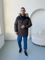 Мужская Зимняя Коричневая Куртка с Мехом на Капюшоне и Фиксаторами на Рукавах