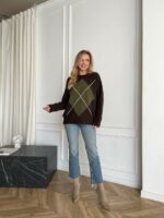 Женский Теплый Коричневый Свитер Оверсайз с Ромбом