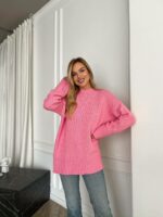 Женский Базовый Розовый Свитер - Удлиненный Оверсайз