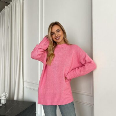 Женский Базовый Розовый Свитер - Удлиненный Оверсайз