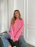 Женский Базовый Розовый Свитер - Удлиненный Оверсайз