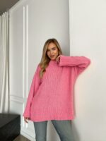 Женский Базовый Розовый Свитер - Удлиненный Оверсайз