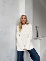 Женский Базовый Белый Свитер - Удлиненный Оверсайз