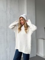 Женский Базовый Белый Свитер - Удлиненный Оверсайз