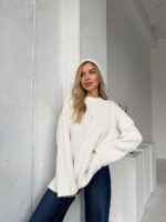 Женский Базовый Белый Свитер - Удлиненный Оверсайз