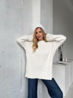 Женский Базовый Белый Свитер - Удлиненный Оверсайз