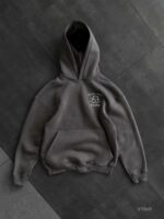 Мужское Темно-Серое Худи Оверсайз с Вышивкой на Спине - Утепленное на Флисе