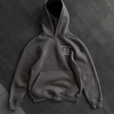 Мужское Темно-Серое Худи Оверсайз с Вышивкой на Спине - Утепленное на Флисе