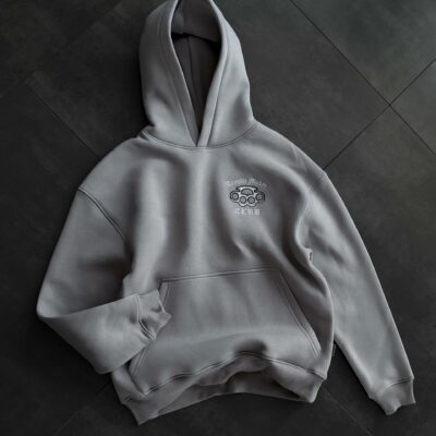 Мужское Серое Худи Оверсайз с Вышивкой на Спине - Утепленное на Флисе