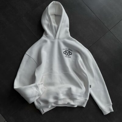 Мужское Белое Худи Оверсайз с Вышивкой на Спине - Утепленное на Флисе