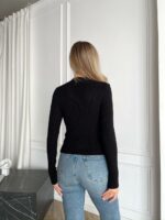 Женский Черный Свитер Оверсайз с Вырезом в Форме Серца со Стразами