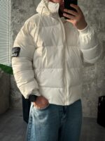 Мужская Зимняя Белая Куртка Пуховик Дутик с Капюшоном и Высоким Горлом