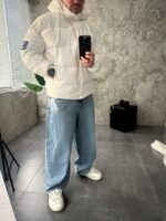 Мужская Зимняя Белая Куртка Пуховик Дутик с Капюшоном и Высоким Горлом