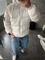 Мужская Зимняя Белая Куртка Пуховик Дутик с Капюшоном и Высоким Горлом