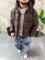 Мужская Зимняя Коричневая Куртка Пуховик Дутик с Капюшоном и Высоким Горлом
