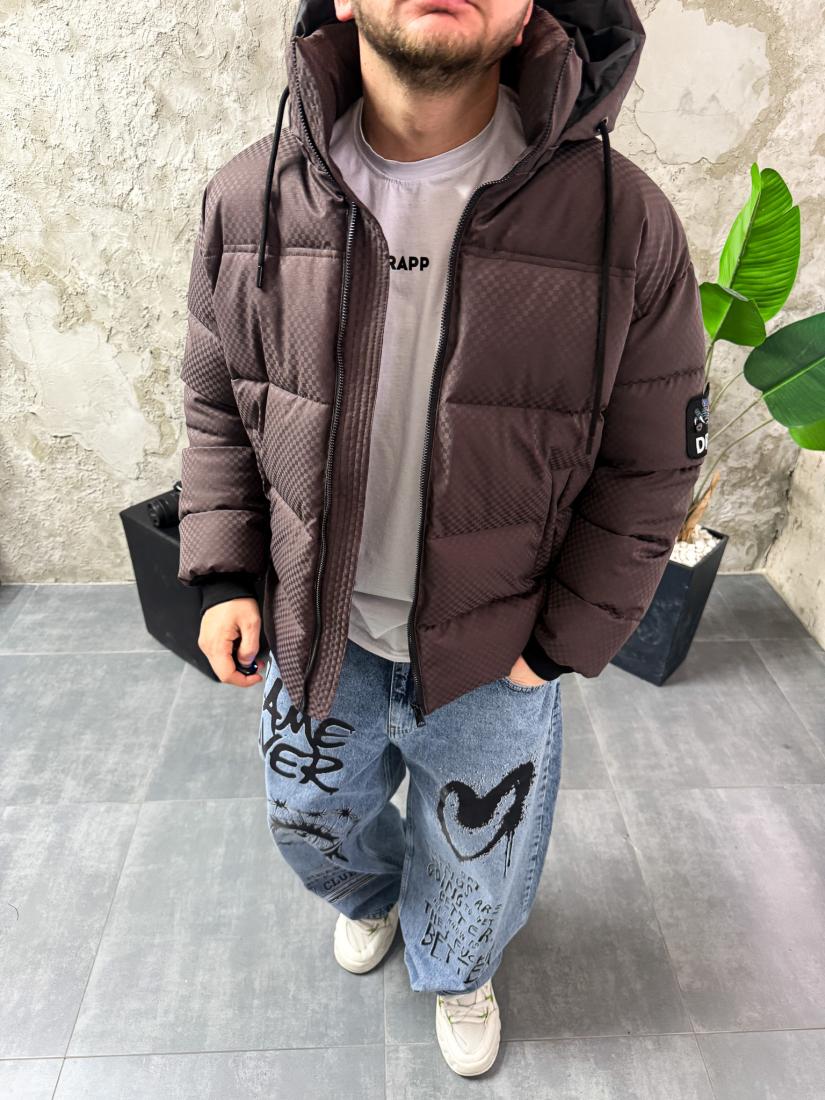 photo_2025-12-15_08-59-21 Мужская Зимняя Коричневая Куртка Пуховик Дутик с Капюшоном и Высоким Горлом
