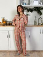 Женская Розовая Клетчатая Пижама (Рубашка + Штаны)