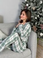 Женская Мятная Клетчатая Пижама (Рубашка + Штаны)