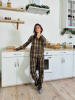 Женская Коричневая Клетчатая Пижама (Рубашка + Штаны)