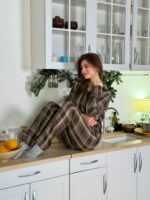 Женская Коричневая Клетчатая Пижама (Рубашка + Штаны)