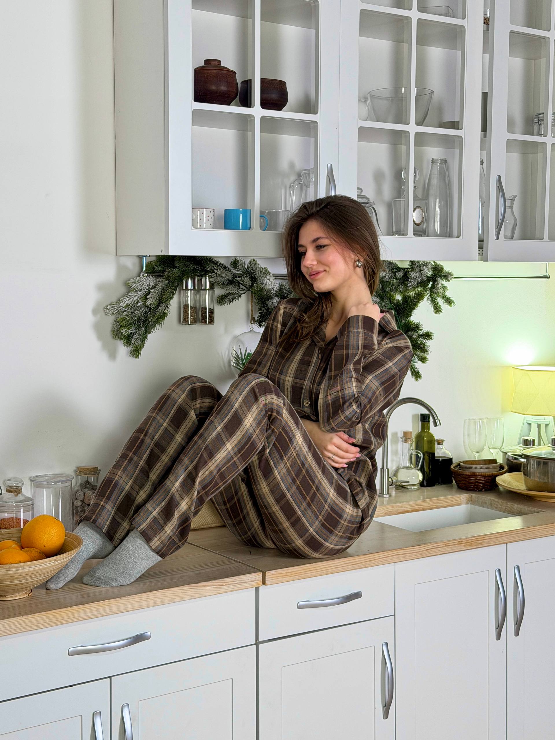 photo_2025-12-15_09-33-46 (2) Женская Коричневая Клетчатая Пижама (Рубашка + Штаны)