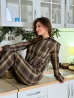 Женская Коричневая Клетчатая Пижама (Рубашка + Штаны)