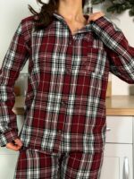 Женская Бордовая Клетчатая Пижама (Рубашка + Штаны)