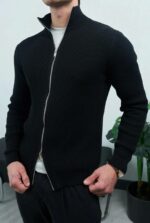 Мужской Базовый Черный Свитер в Рубчик на Молнии с Высокой Горловиной
