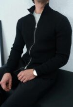 Мужской Базовый Черный Свитер в Рубчик на Молнии с Высокой Горловиной